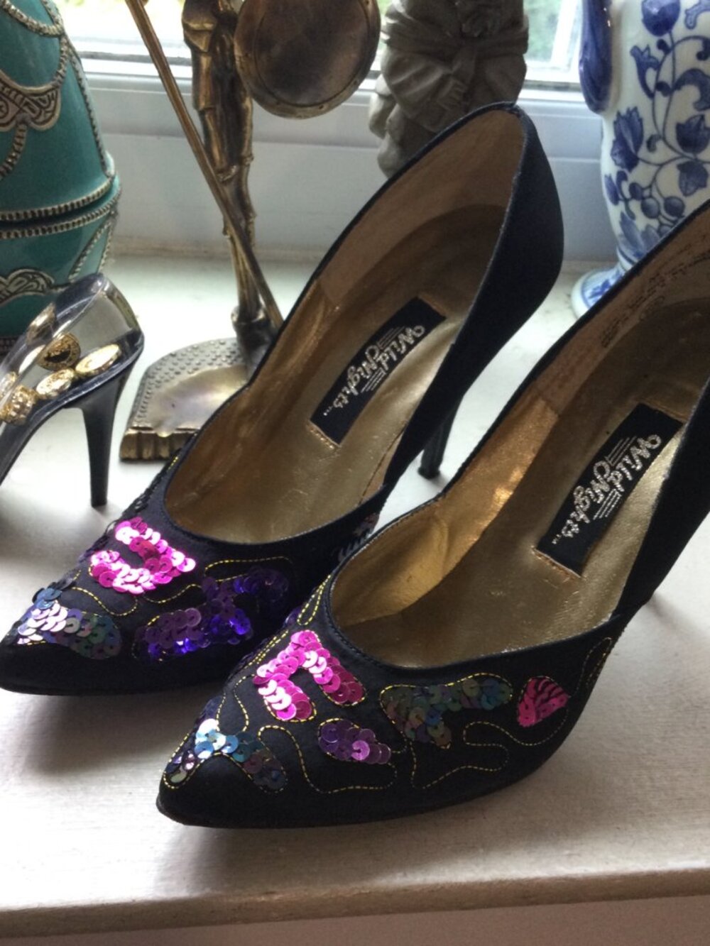 Vintage 80s Black Sequin Embellished Women's High Heels